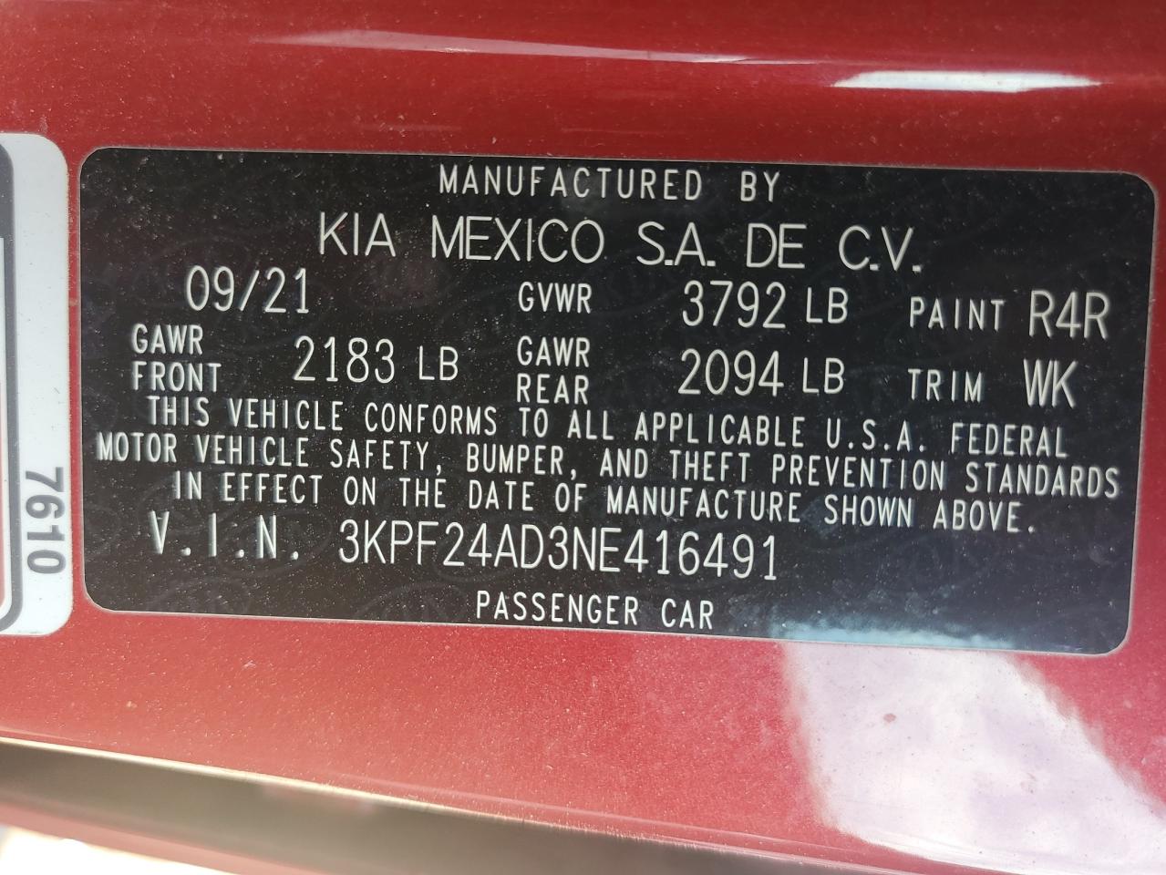 3KPF24AD3NE416491 2022 Kia Forte Fe