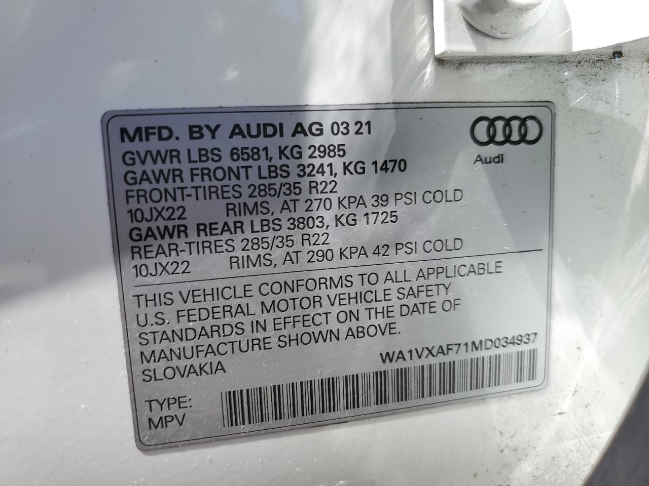 WA1VXAF71MD034937 2021 Audi Q7 Prestige