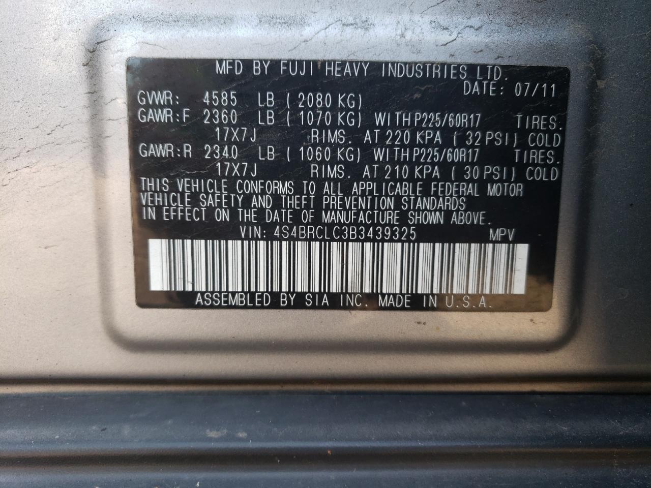 4S4BRCLC3B3439325 2011 Subaru Outback 2.5I Limited