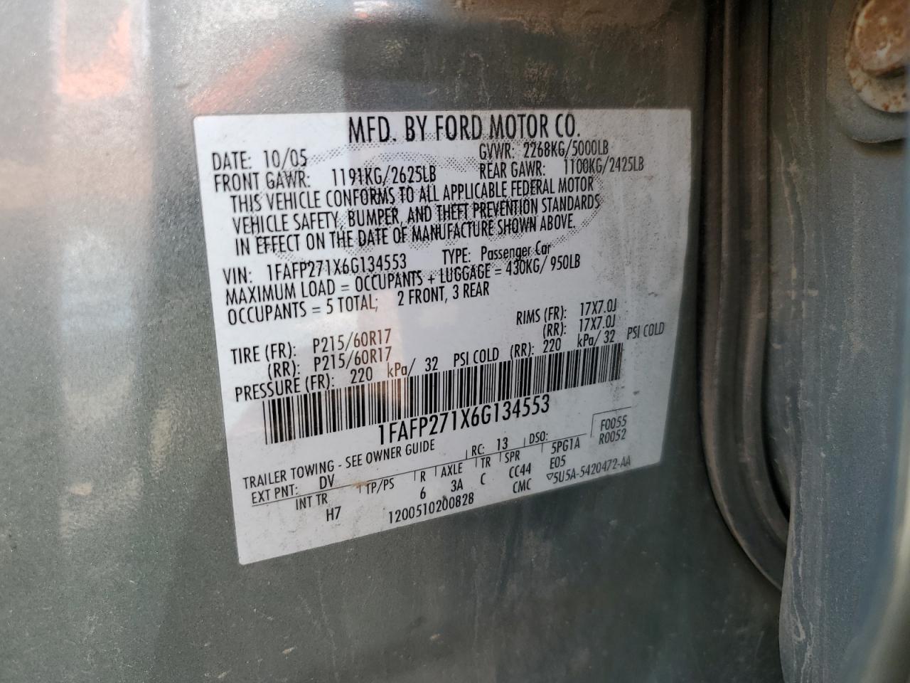 1FAFP271X6G134553 2006 Ford Five Hundred Sel