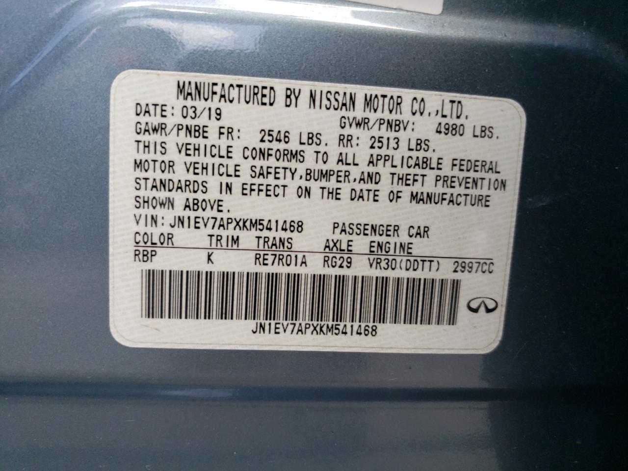 JN1EV7APXKM541468 2019 Infiniti Q50 Luxe