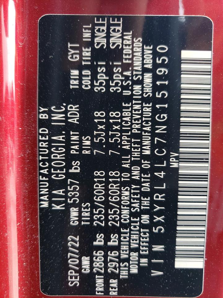 5XYRL4LC7NG151950 2022 Kia Sorento S