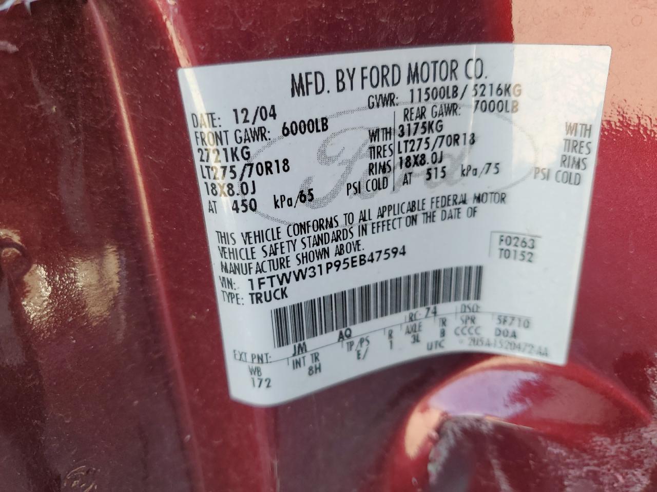 1FTWW31P95EB47594 2005 Ford F350 Srw Super Duty