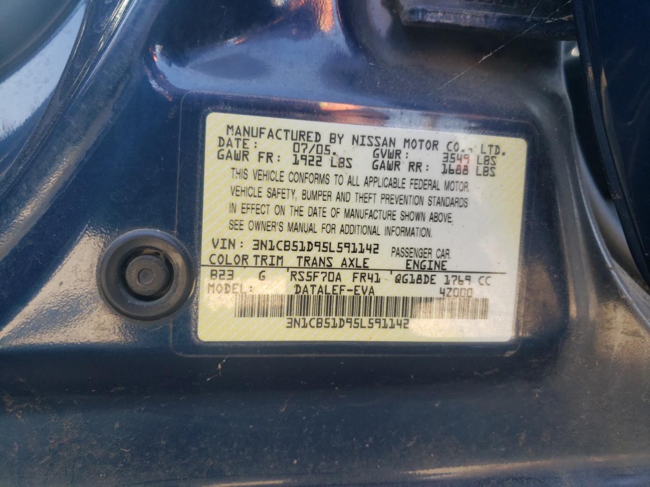 3N1CB51D95L591142 2005 Nissan Sentra 1.8