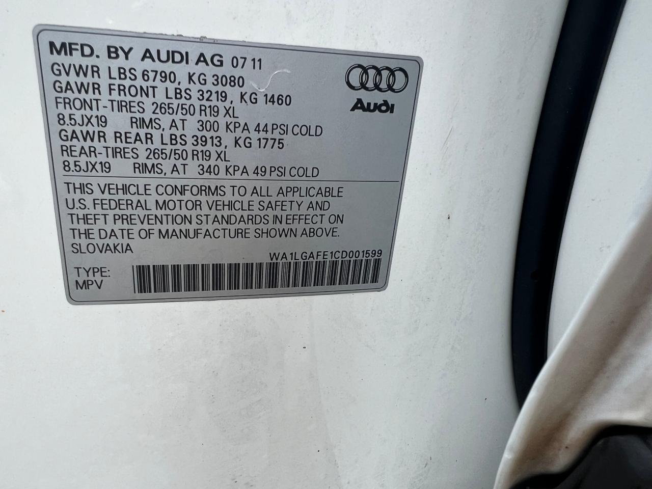 2012 Audi Q7 Premium Plus vin: WA1LGAFE1CD001599