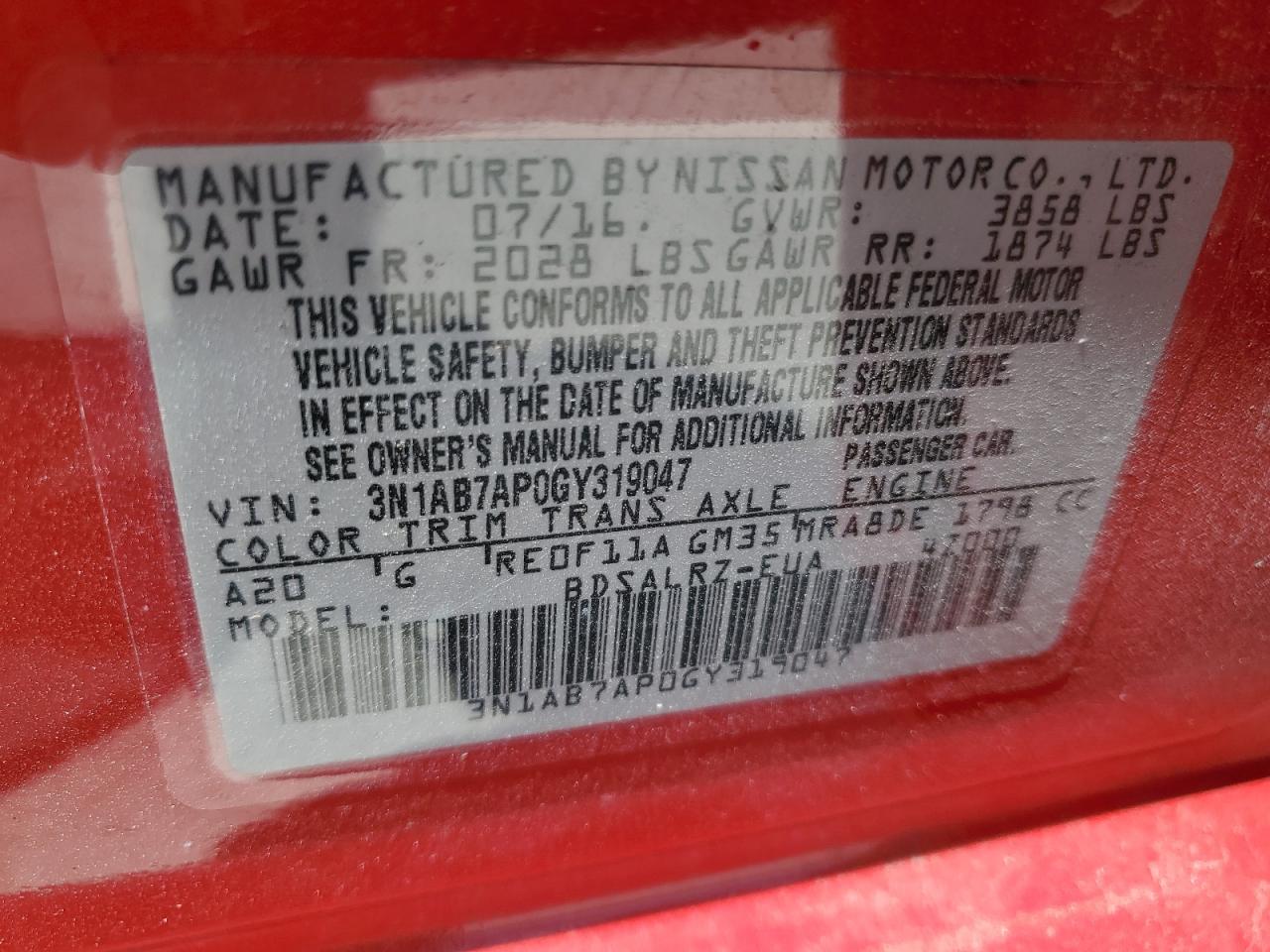 3N1AB7AP0GY319047 2016 Nissan Sentra S