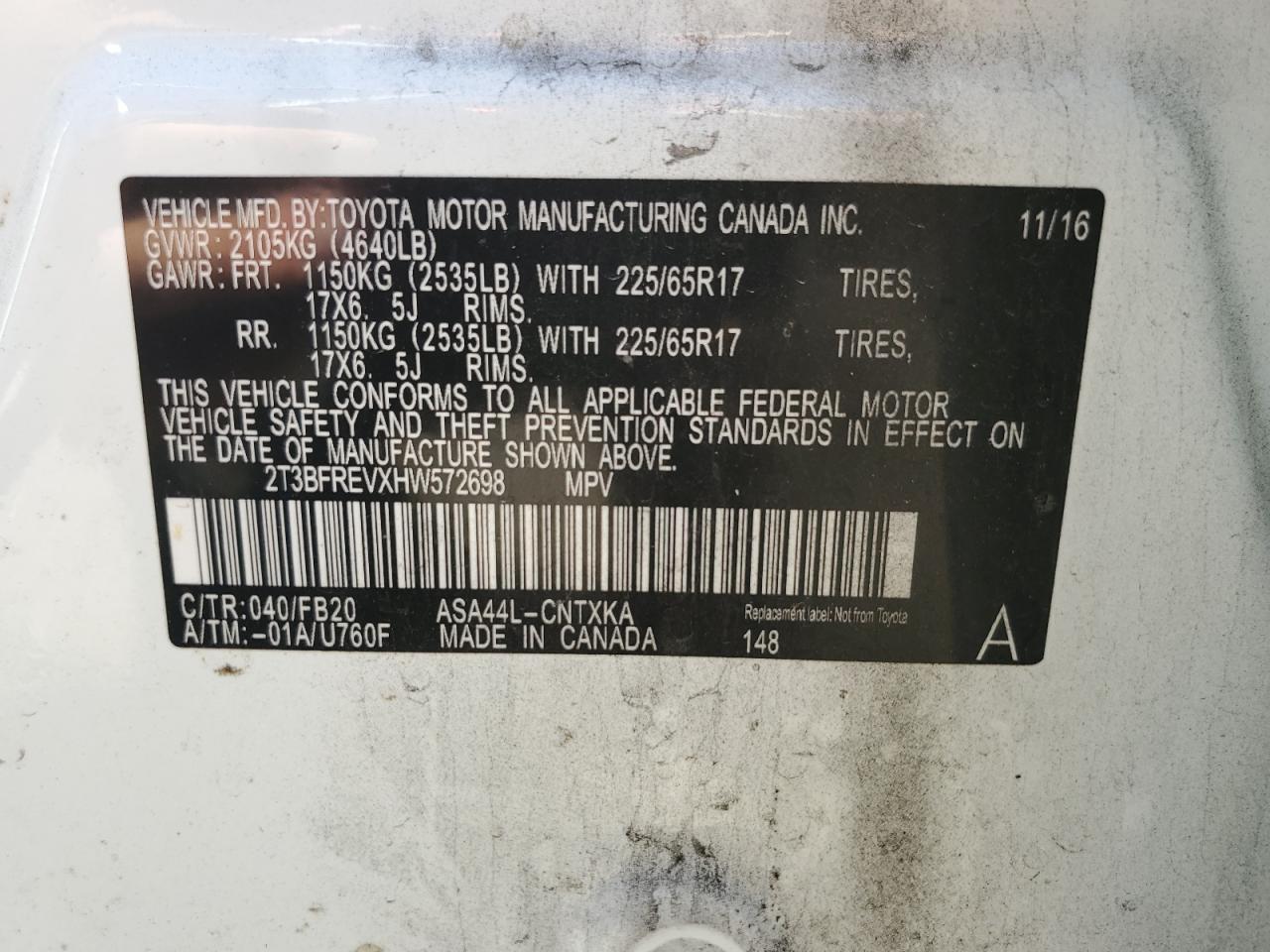 2T3BFREVXHW572698 2017 Toyota Rav4 Le