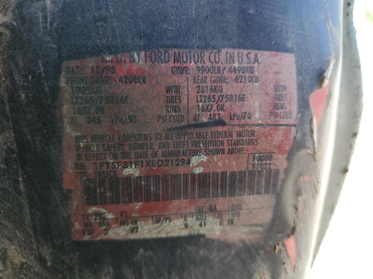 1FTSF31F1XED21294 1999 Ford F350 Srw Super Duty