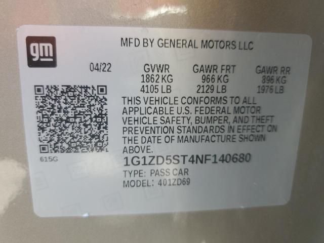 2022 Chevrolet Malibu Lt VIN: 1G1ZD5ST4NF140680 Lot: 61726014