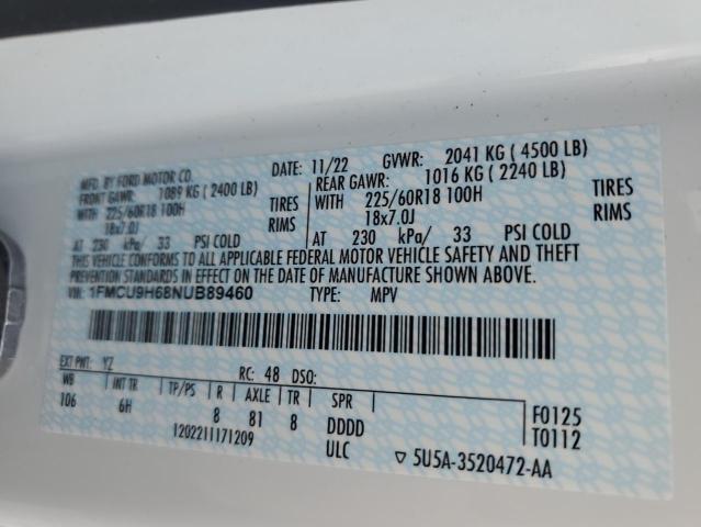 2022 Ford Escape Sel VIN: 1FMCU9H68NUB89460 Lot: 61800394