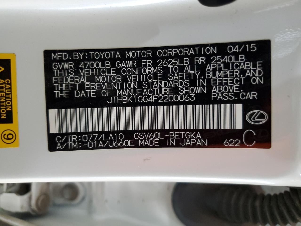 JTHBK1GG4F2200063 2015 Lexus Es 350