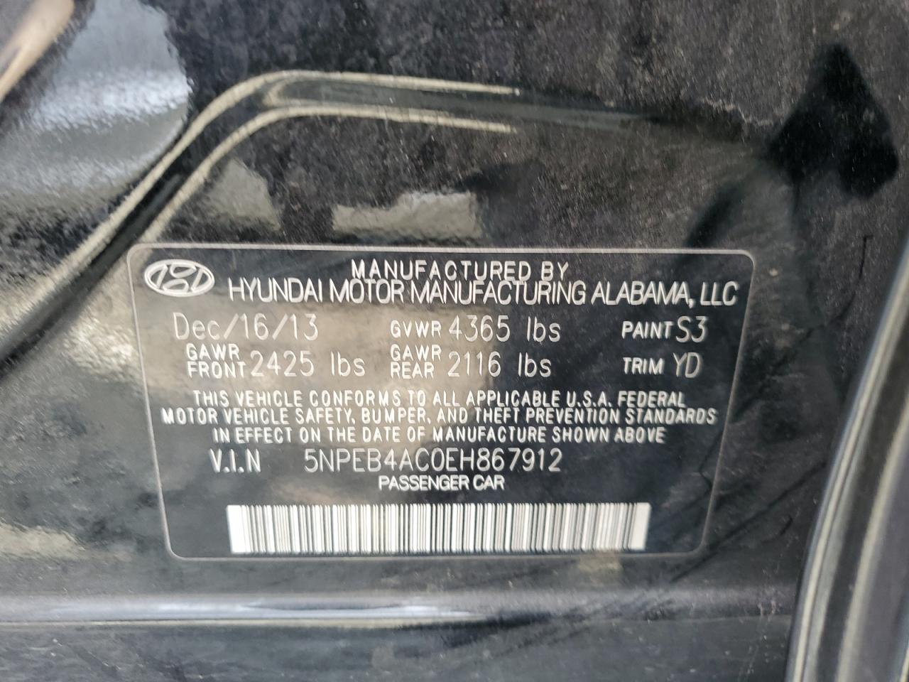 5NPEB4AC0EH867912 2014 Hyundai Sonata Gls