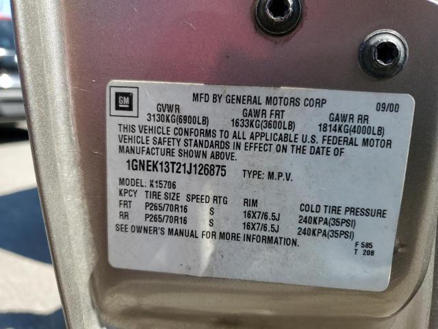 2001 Chevrolet Tahoe K1500 VIN: 1GNEK13T21J126875 Lot: 62039404