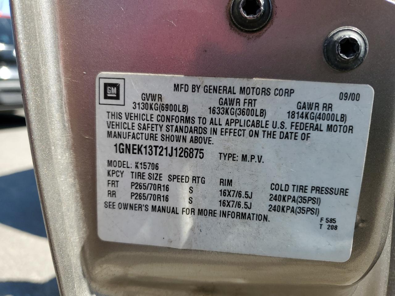 1GNEK13T21J126875 2001 Chevrolet Tahoe K1500