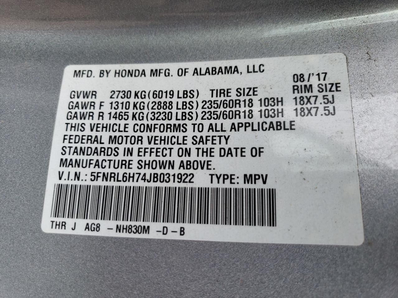 Lot #2794475408 2018 HONDA ODYSSEY EX