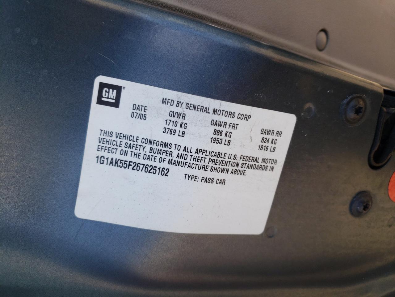 1G1AK55F267625162 2006 Chevrolet Cobalt Ls