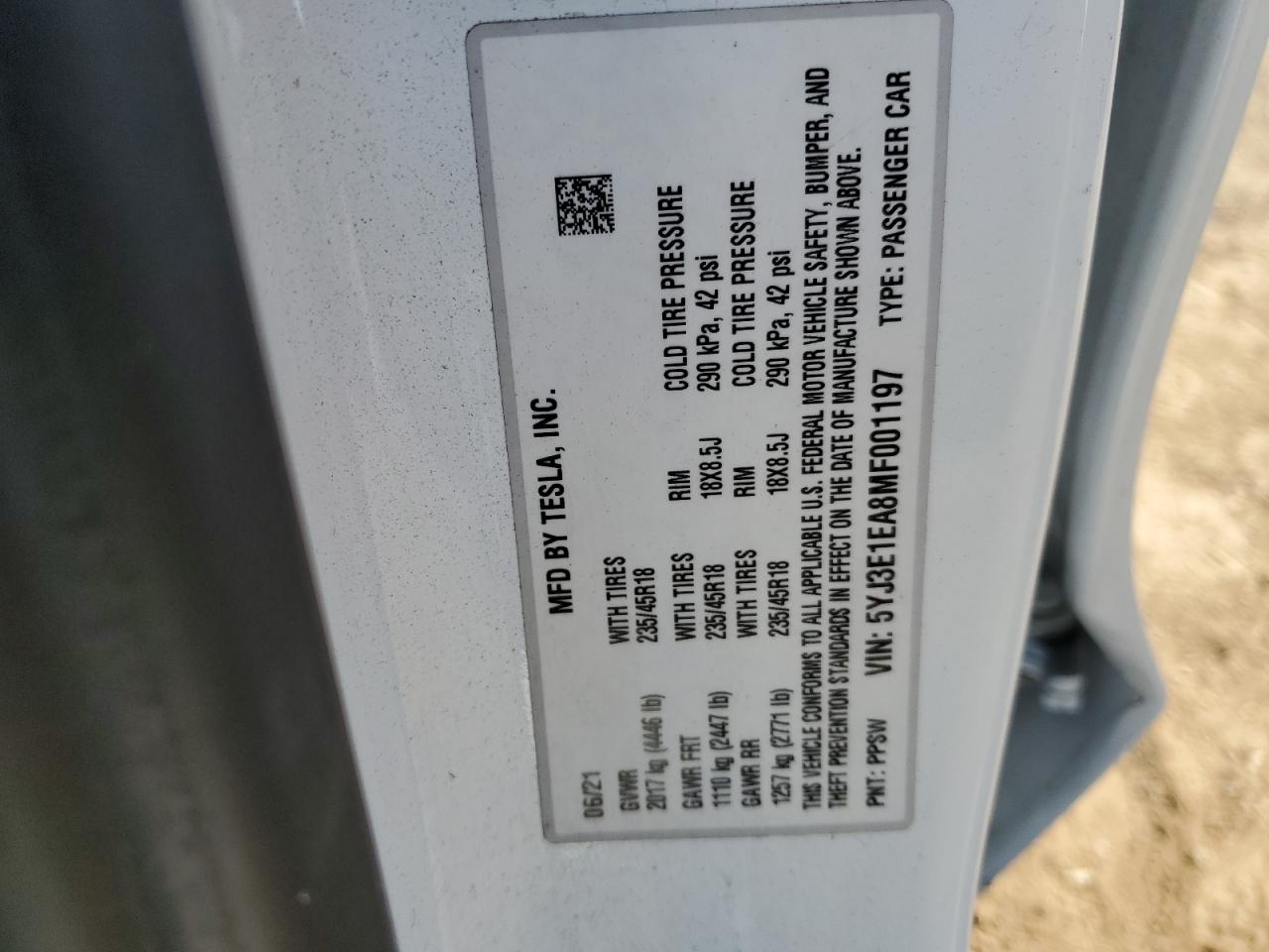 5YJ3E1EA8MF001197 2021 Tesla Model 3