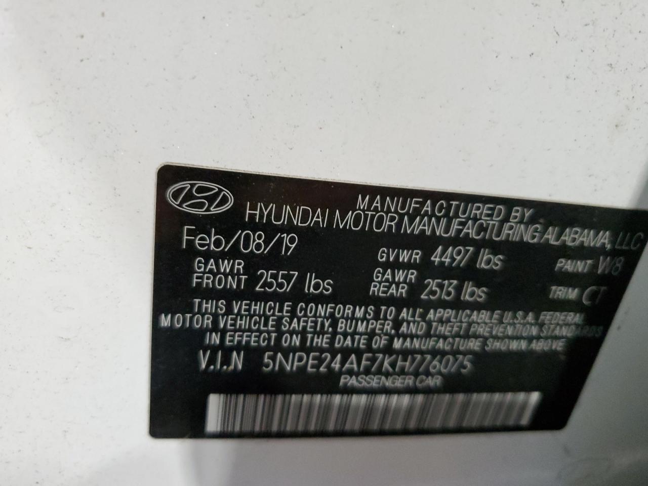 5NPE24AF7KH776075 2019 Hyundai Sonata Se