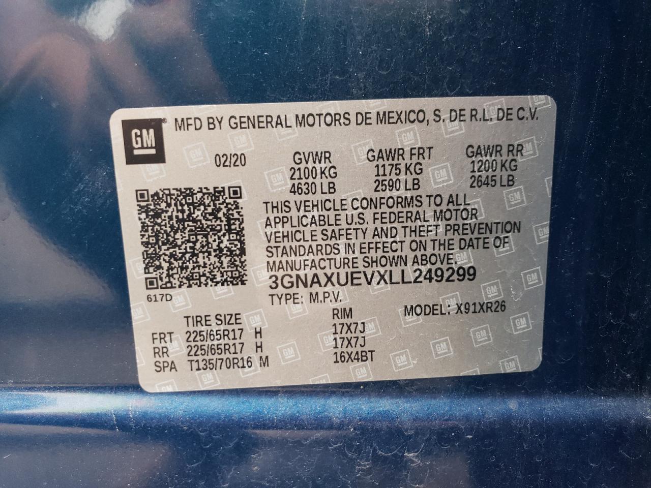 3GNAXUEVXLL249299 2020 Chevrolet Equinox Lt