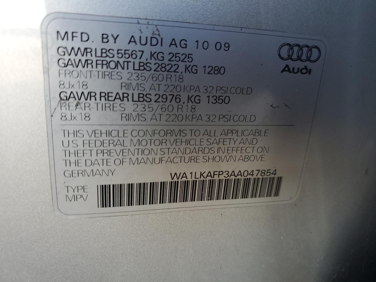 WA1LKAFP3AA047854 2010 Audi Q5 Premium Plus