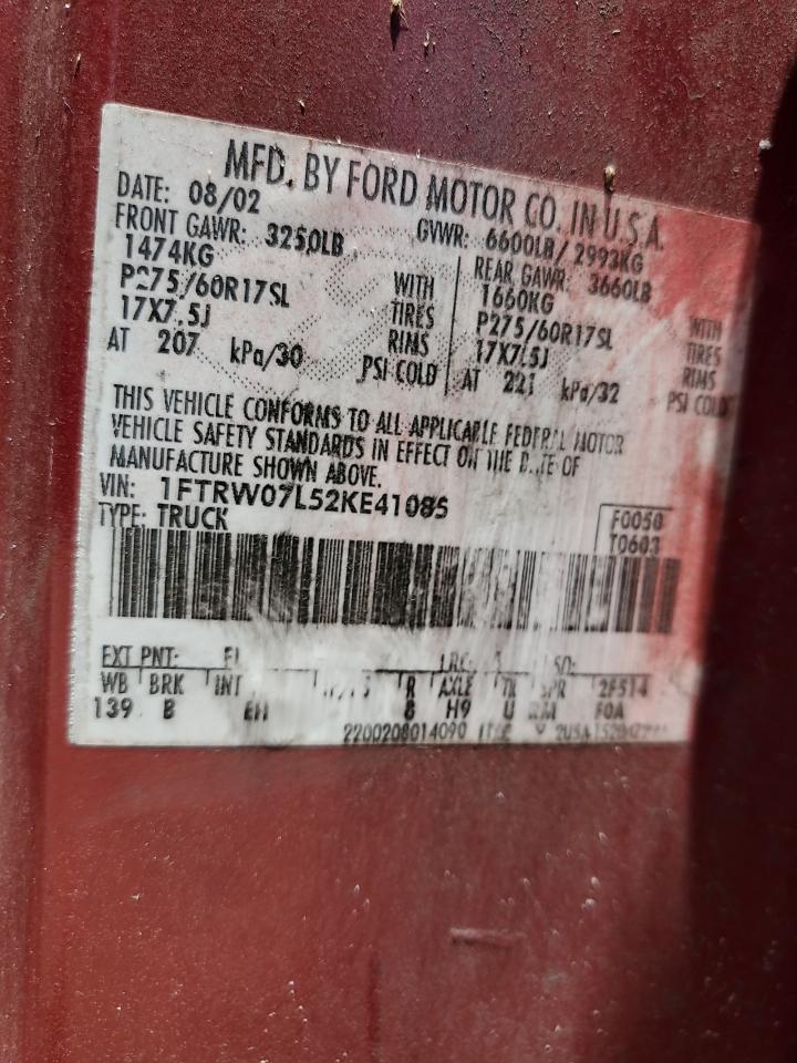 1FTRW07L52KE41085 2002 Ford F150 Supercrew