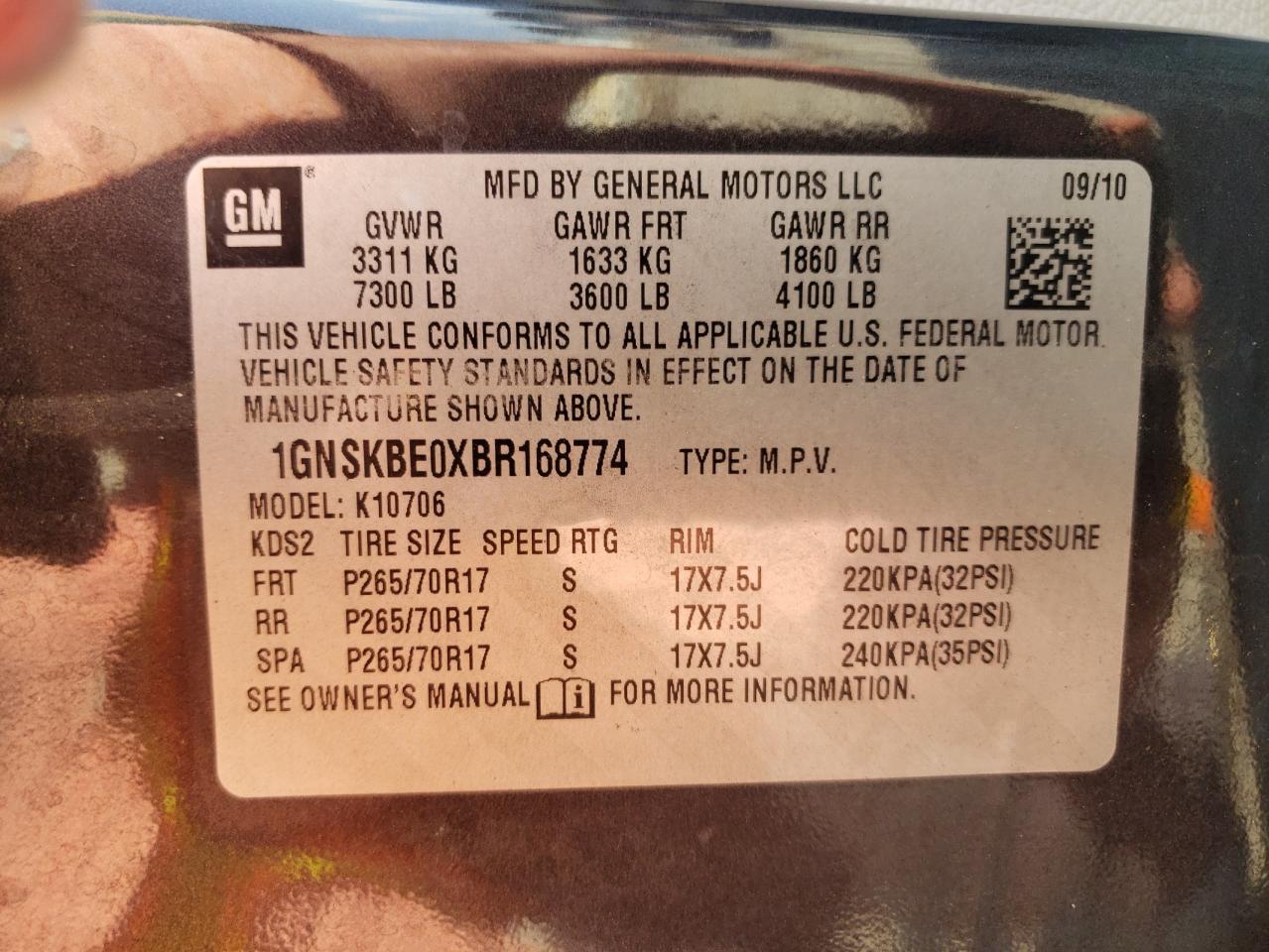 1GNSKBE0XBR168774 2011 Chevrolet Tahoe K1500 Lt