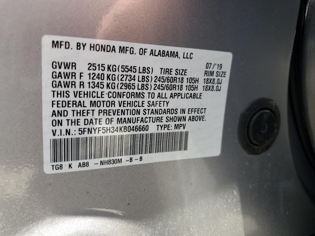 5FNYF5H34KB046660 2019 Honda Pilot Ex