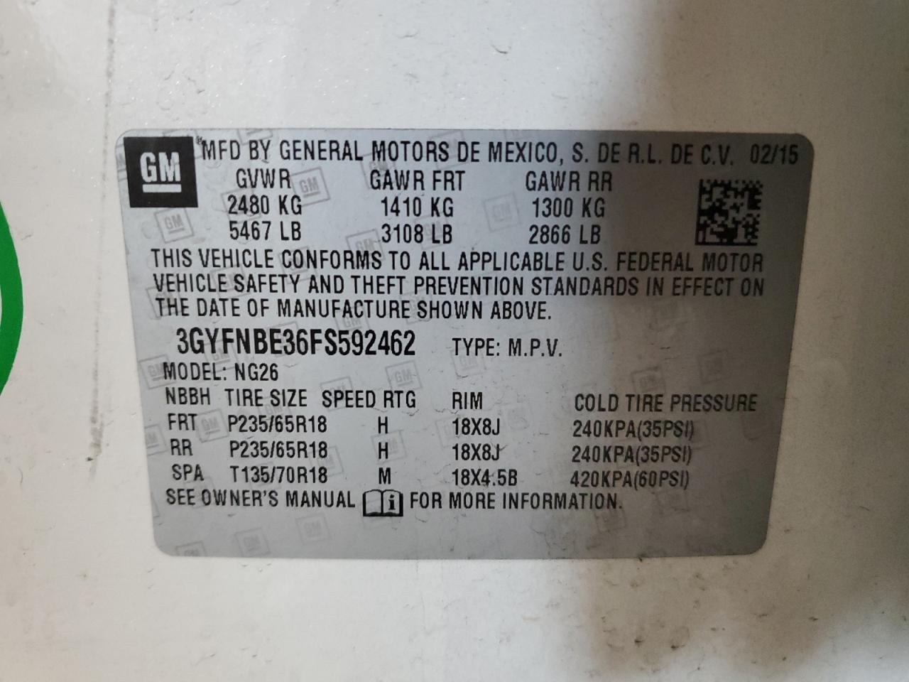 3GYFNBE36FS592462 2015 Cadillac Srx Luxury Collection