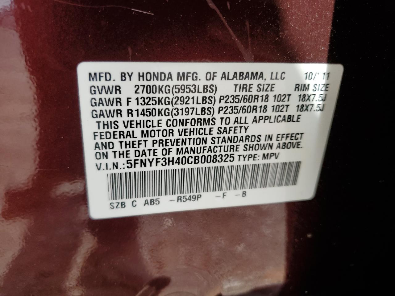 5FNYF3H40CB008325 2012 Honda Pilot Ex