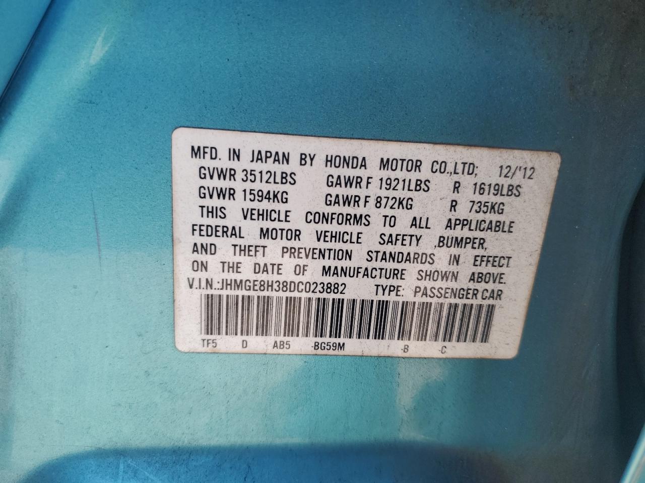 JHMGE8H38DC023882 2013 Honda Fit