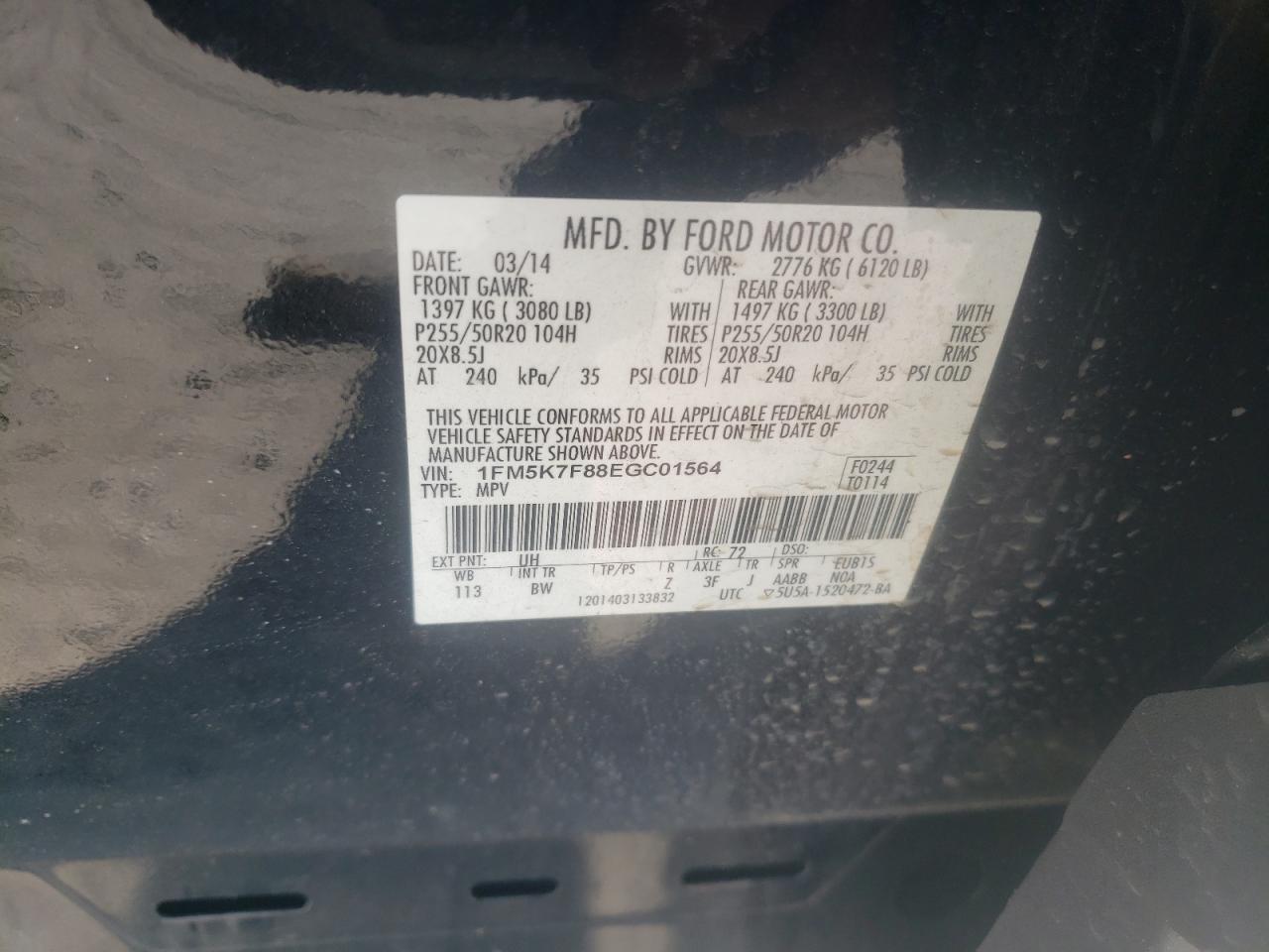 1FM5K7F88EGC01564 2014 Ford Explorer Limited