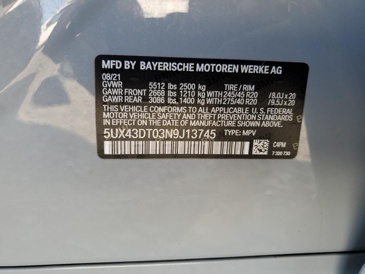 5UX43DT03N9J13745 2022 BMW X4 M40I