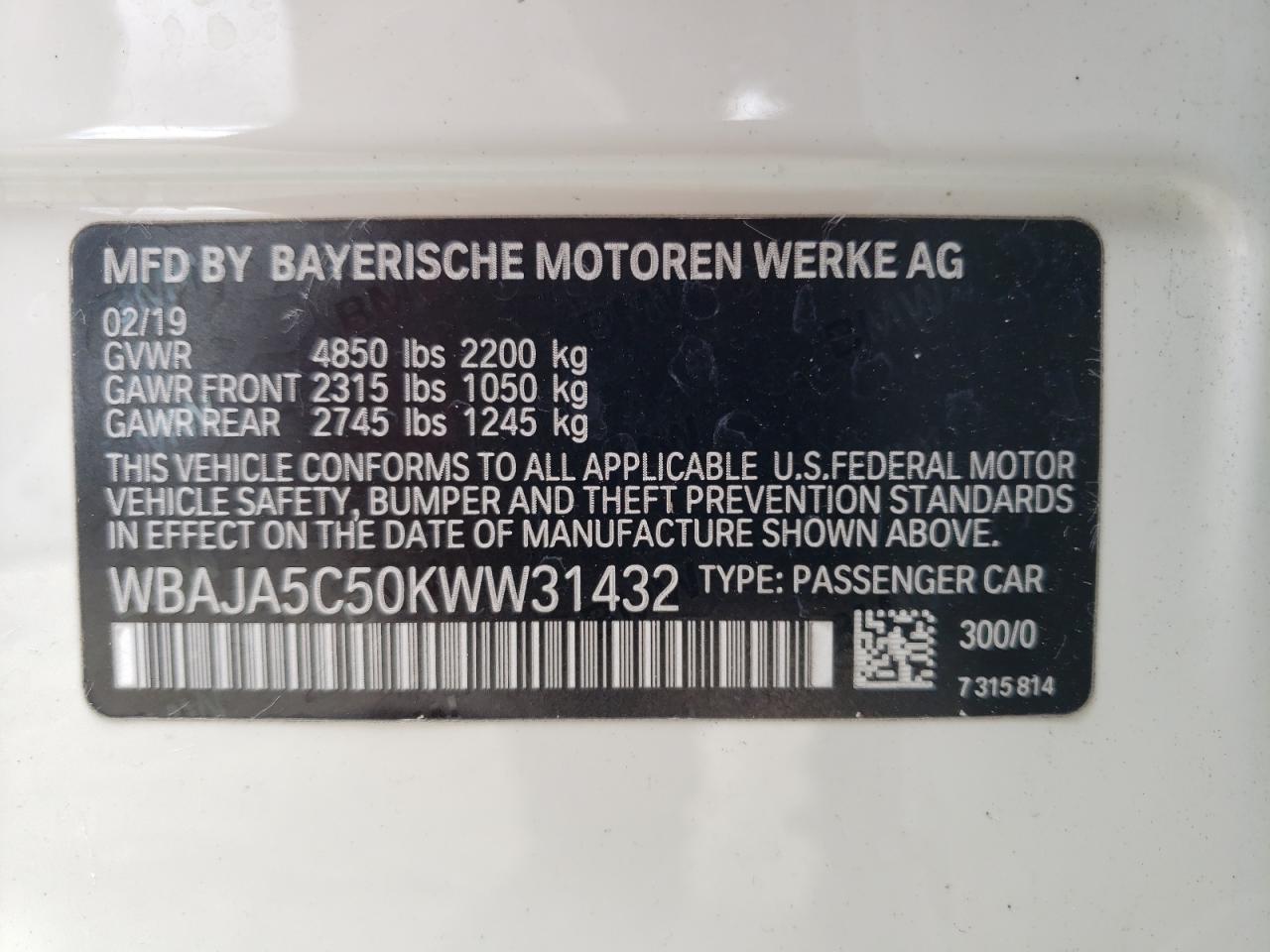 WBAJA5C50KWW31432 2019 BMW 530 I