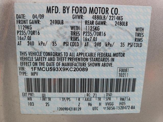 2009 Ford Escape Hybrid VIN: 1FMCU593X9KC20089 Lot: 61556994