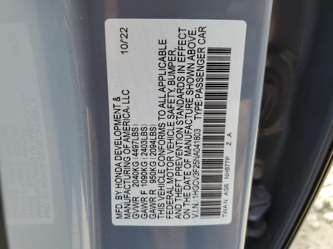 1HGCV3F25NA041803 2022 Honda Accord Hybrid Sport