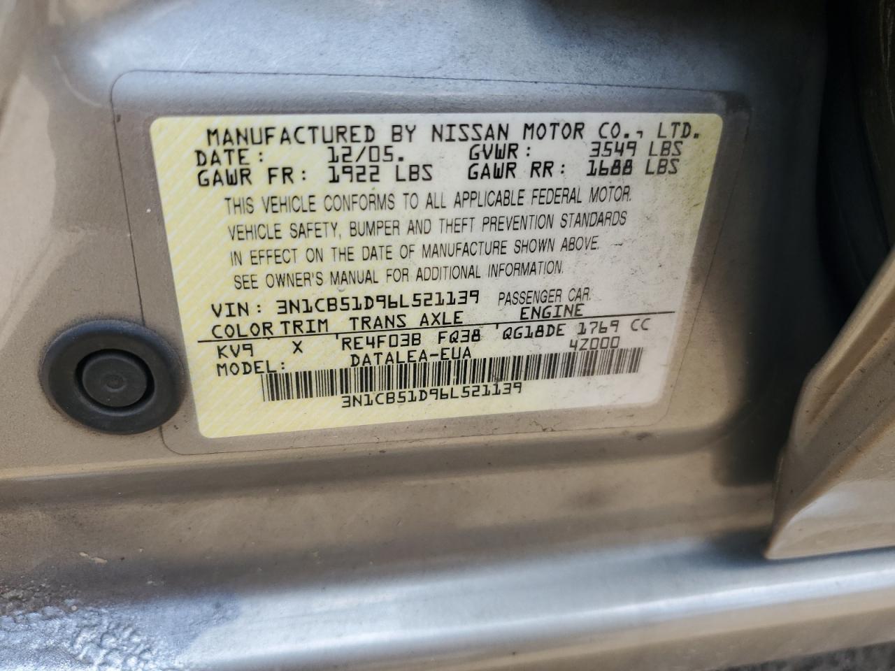 3N1CB51D96L521139 2006 Nissan Sentra 1.8