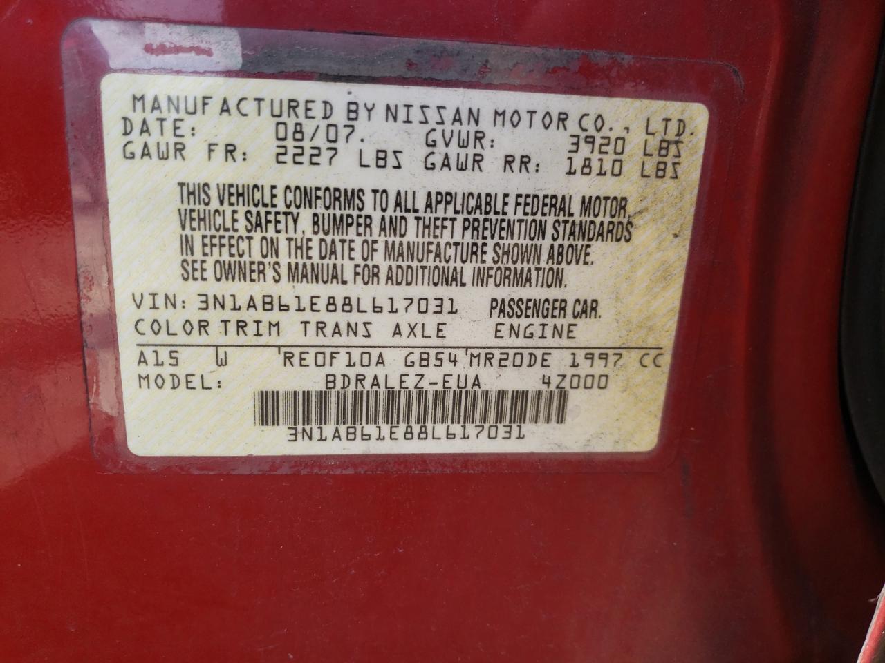 3N1AB61E88L617031 2008 Nissan Sentra 2.0