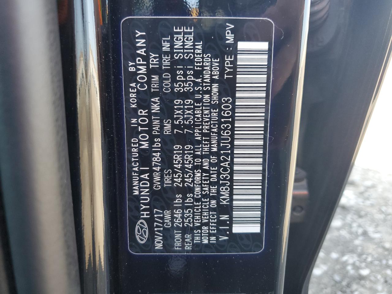 KM8J3CA21JU631603 2018 Hyundai Tucson Value