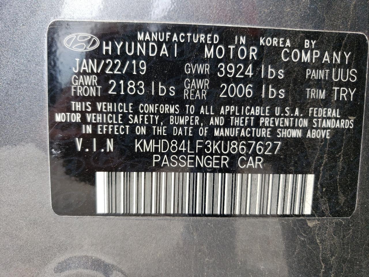 KMHD84LF3KU867627 2019 Hyundai Elantra Sel