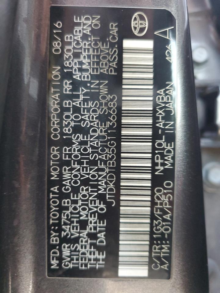 JTDKDTB35G1136683 2016 Toyota Prius C