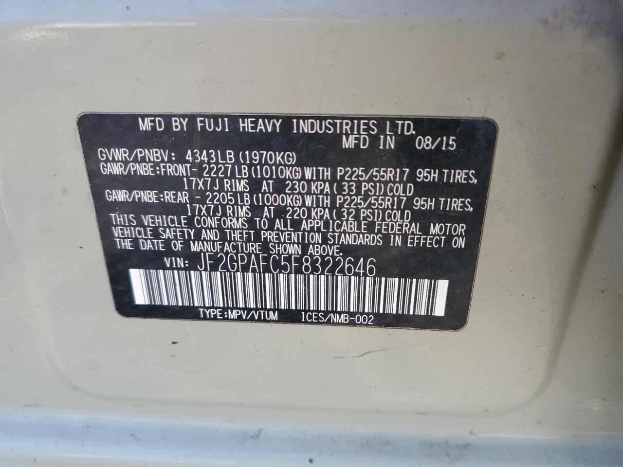 JF2GPAFC5F8322646 2015 Subaru Xv Crosstrek 2.0 Premium