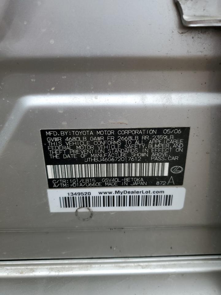 JTHBJ46G672017612 2007 Lexus Es 350