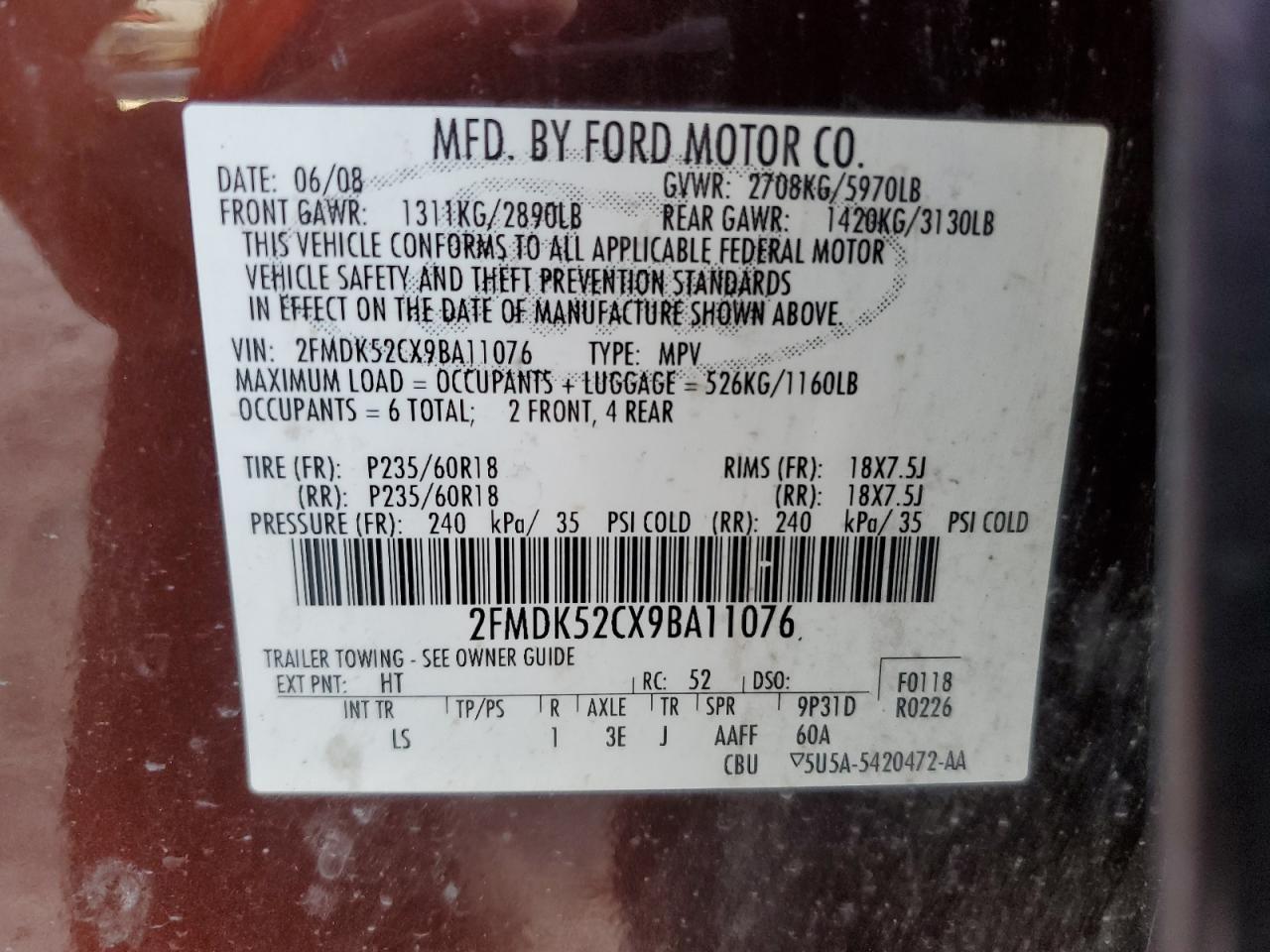 2FMDK52CX9BA11076 2009 Ford Flex Sel