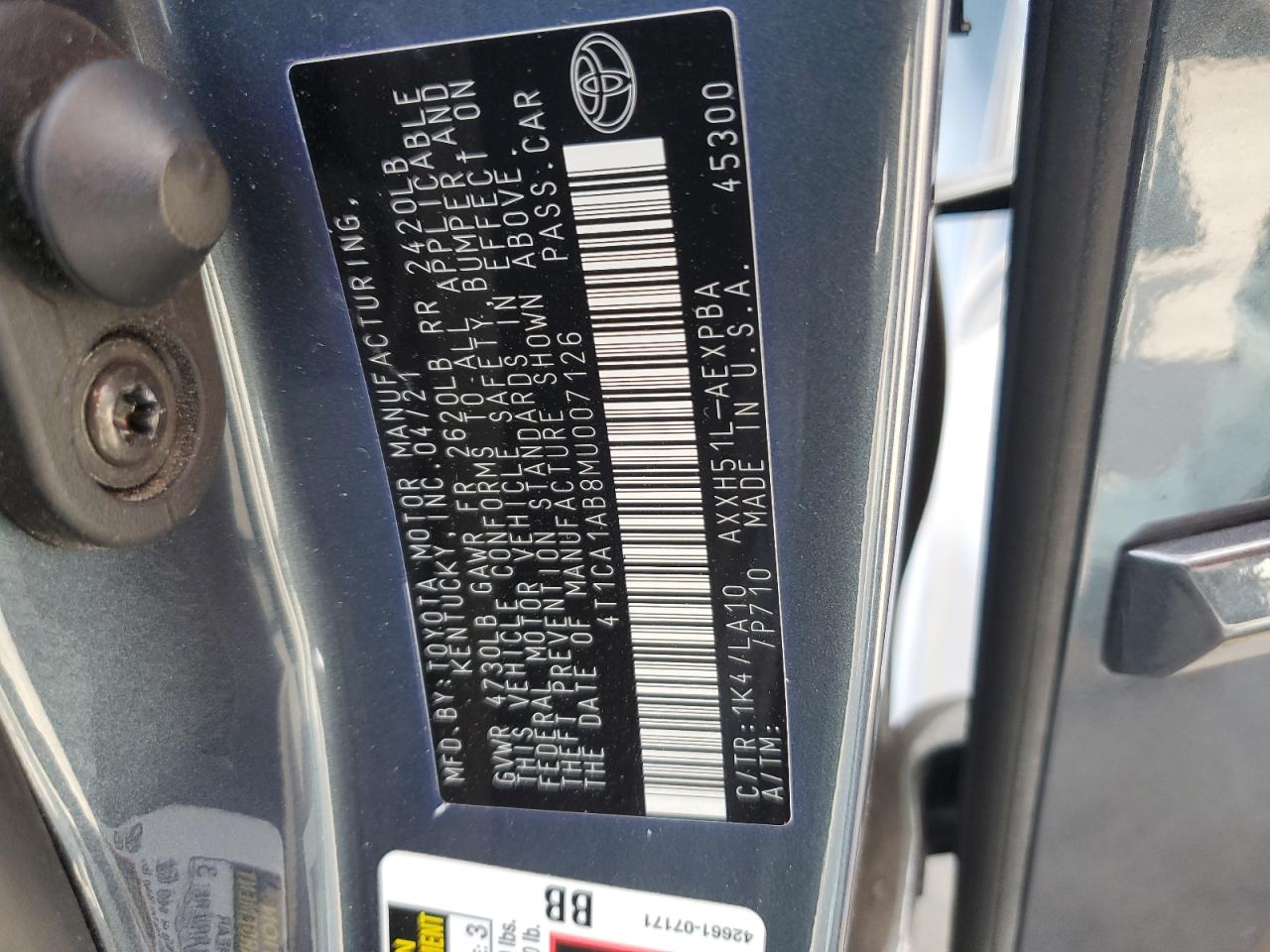 4T1CA1AB8MU007126 2021 Toyota Avalon Limited