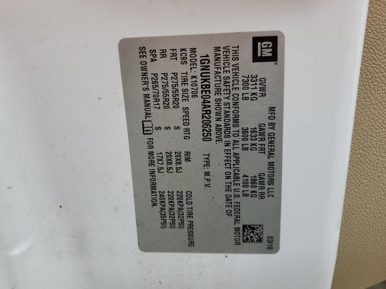 1GNUKBE04AR206250 2010 Chevrolet Tahoe K1500 Lt