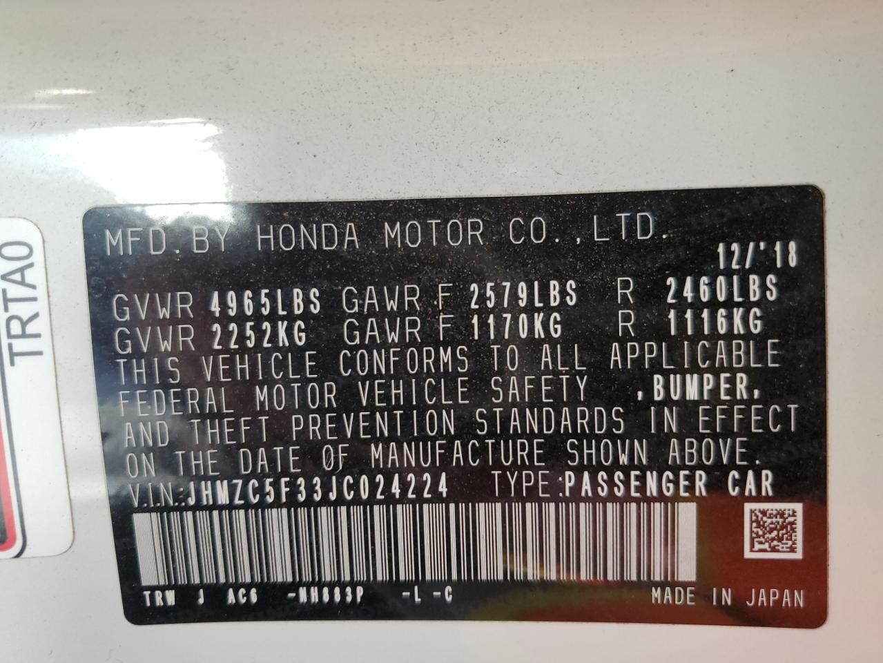 JHMZC5F33JC024224 2018 Honda Clarity Touring