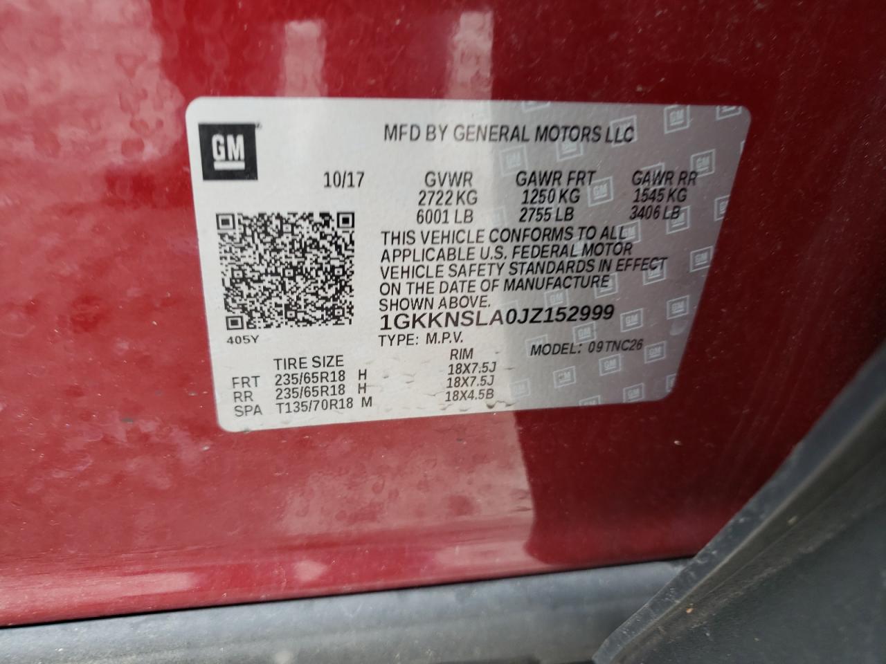 1GKKNSLA0JZ152999 2018 GMC Acadia Sle