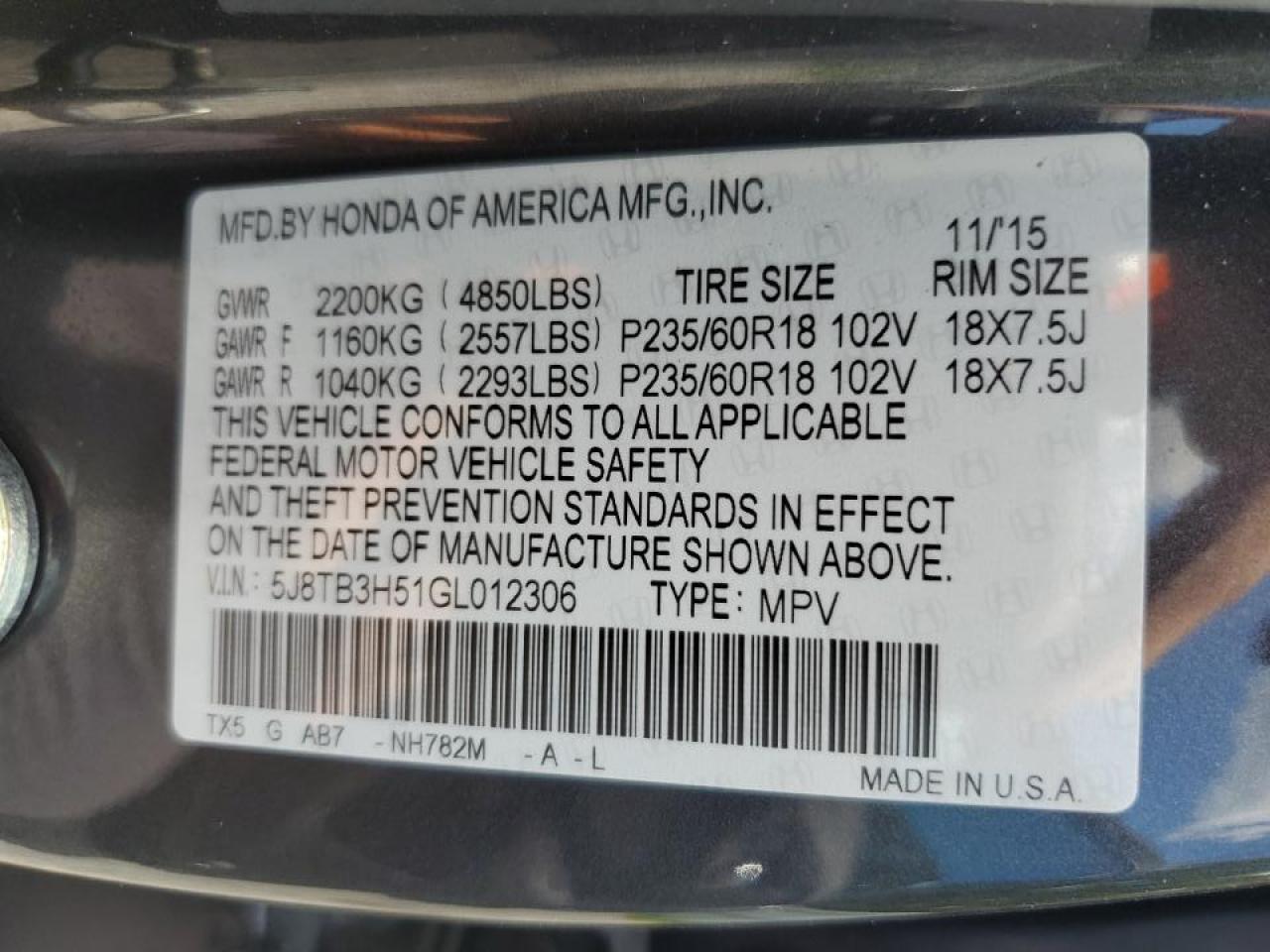 5J8TB3H51GL012306 2016 Acura Rdx Technology