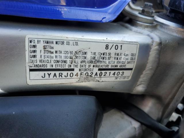 2002 YAMAHA YZFR6 L JYARJ04E02A021403
