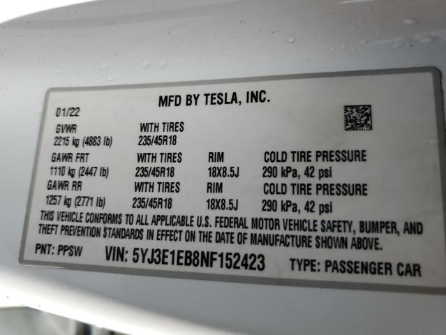 2022 TESLA MODEL 3 5YJ3E1EB8NF152423